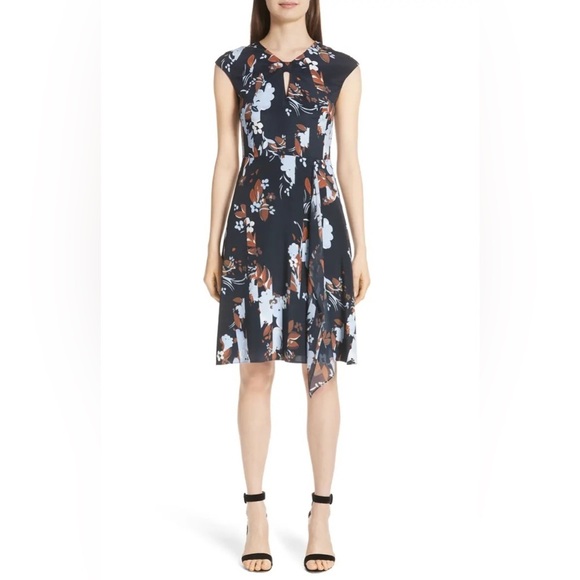 St John cap sleeve painted floral print dress in navy multi SZ 6 - Picture 1 of 10